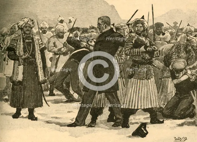 Seizure of Sir William Macnaghten by Akbar Khan, Afghanistan, 1841 (c1890). Creator: Unknown.