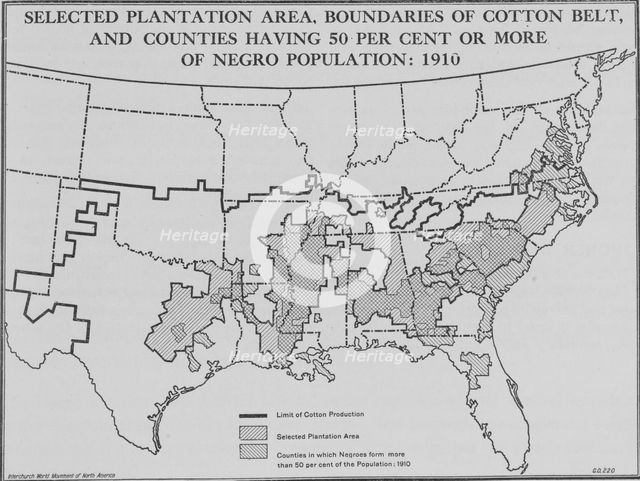Selected plantation area, boundaries of cotton belt, and counties having 50 per cent.... 1910, 1920. Creator: Unknown.