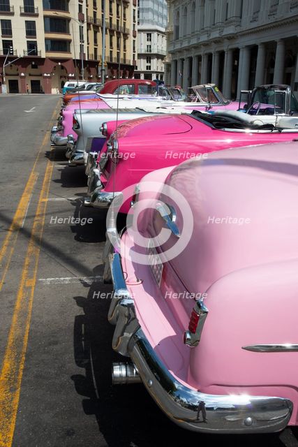 Selection of beautifully restored old American cars alongside the Parque Central, Havana, Cuba, 2024 Creator: Ethel Davies.