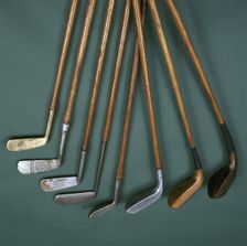 Selection of putters with different faces, c1880-c1930. Creators: J & D Clark, L Auchterlonie, Standard Golf Company, Wright and Didson, Wilson Sporting Goods, Charles Klees, Ampca