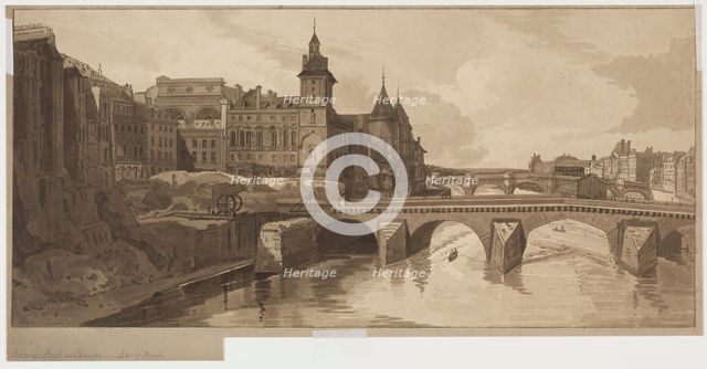 Selection of Twenty of the Most Picturesque Views in Paris:View of Pont au Change, 1802. Creator: Thomas Girtin (British, 1775-1802); Frederick Christian Lewis (British, 1779-1856).