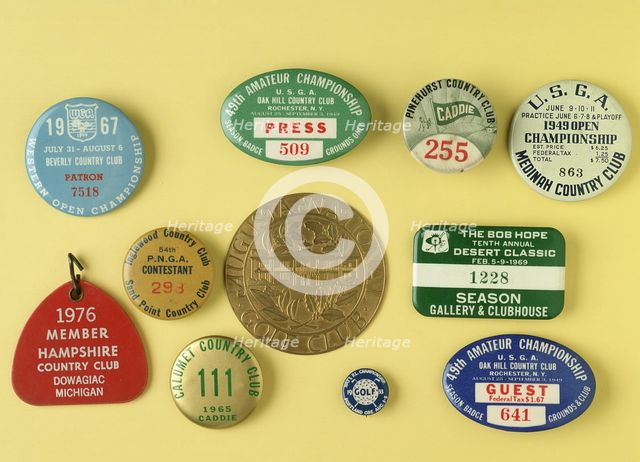 Selection of tin badges for various golfing tournaments, 1933-69. Creator: Unknown.