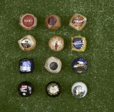 Selection of wrapped golf balls, 20th century. Creators: Hutchison Main & Company, Dunlop Rubber Company, Spalding, US Rubber Company, Uniroyal, Bridgestone Corporation, Slazenger
