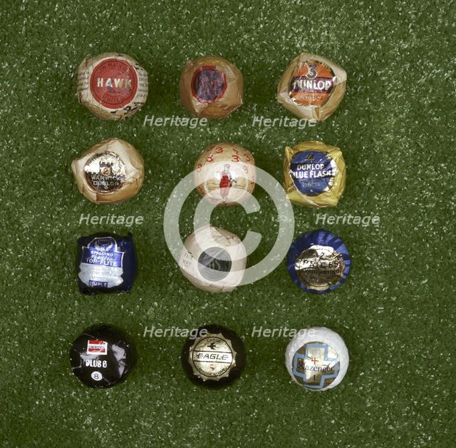 Selection of wrapped golf balls, 20th century. Creators: Hutchison Main & Company, Dunlop Rubber Company, Spalding, US Rubber Company, Uniroyal, Bridgestone Corporation, Slazenger.