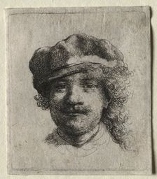 Self-Portrait Wearing a Soft Cap: Full Face, Head Only, c. 1634. Creator: Rembrandt van Rijn (Dutch, 1606-1669)