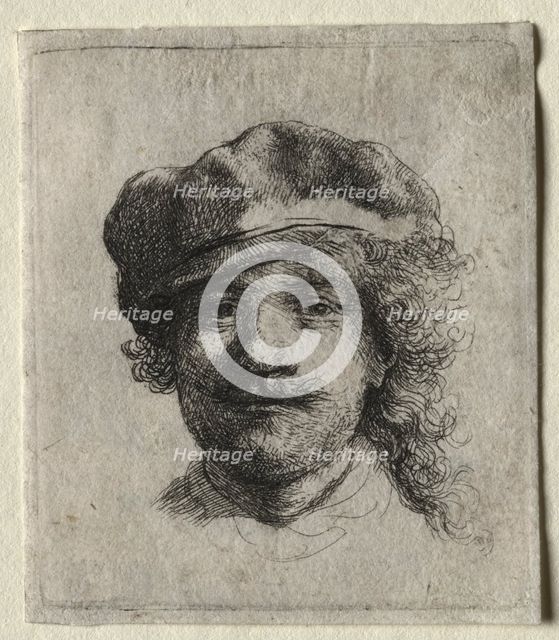 Self-Portrait Wearing a Soft Cap: Full Face, Head Only, c. 1634. Creator: Rembrandt van Rijn (Dutch, 1606-1669).