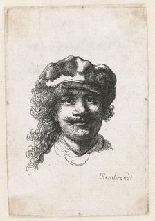 Self-Portrait Wearing a Soft Cap: Full Face, Head Only, c. 1635. Creator: Rembrandt van Rhijn (1606-1669)