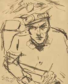 Self-portrait with nursing uniform and driving glasses, 1915. Creator: Beckmann, Max (1884-1950)