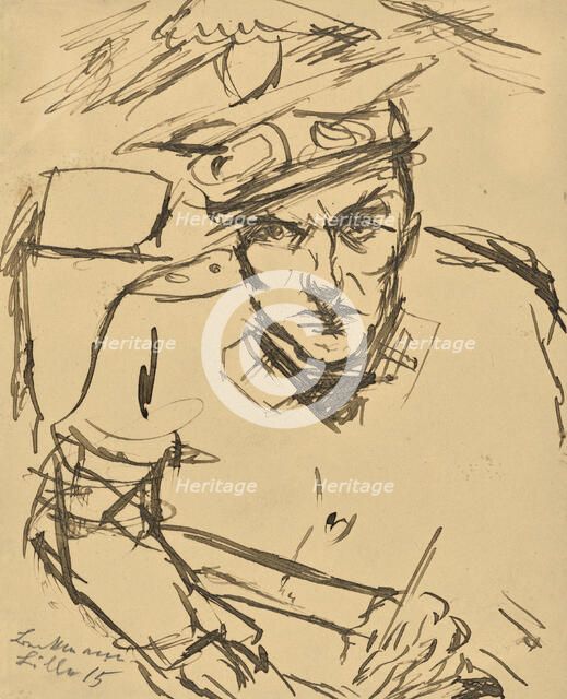 Self-portrait with nursing uniform and driving glasses, 1915. Creator: Beckmann, Max (1884-1950).