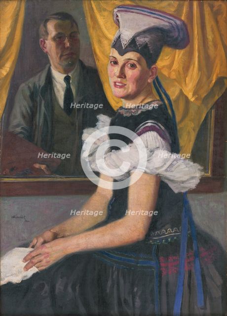 Self-Portrait with a Model in Folk Costume, 1922. Creator: Andrej Kovacik.