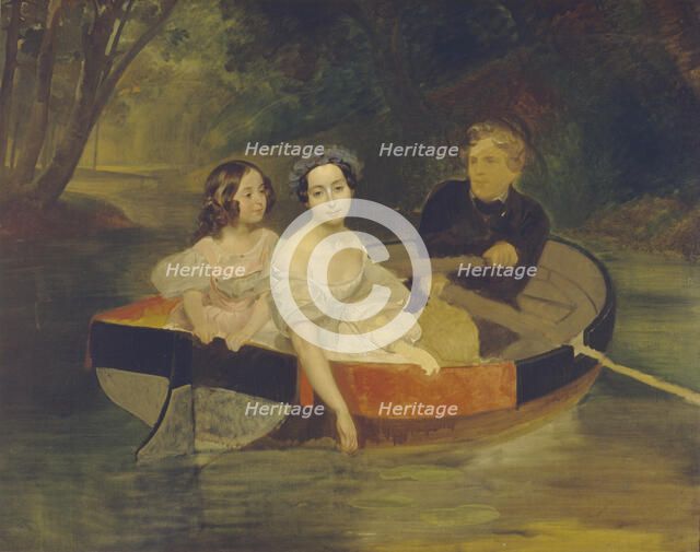 Self-portrait with Baroness Yekaterina Meller-Zakomelskaya and her daughter in a boat, 1833-1835. Artist: Briullov, Karl Pavlovich (1799-1852)