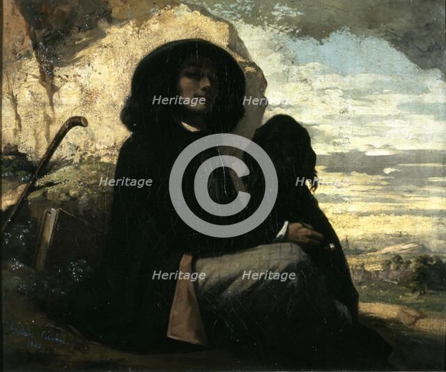 Self-portrait with black dog. Artist: Courbet, Gustave (1819-1877)