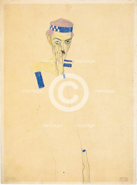 Self-Portrait with blue checked headband, 1909. Creator: Schiele, Egon (1890-1918).