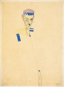 Self-Portrait with blue checked headband, 1909. Creator: Schiele, Egon (1890-1918)