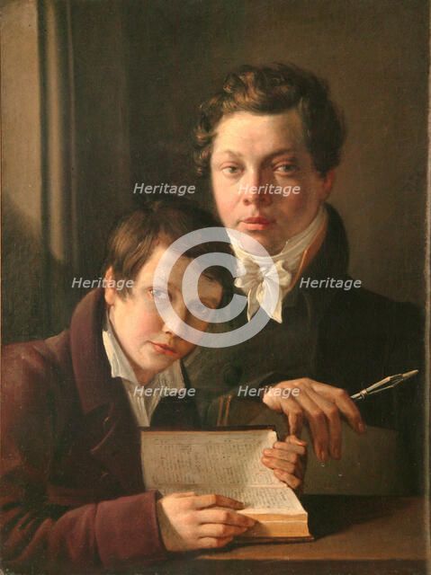 Self-Portrait with brother, 1814. Artist: Basin, Pyotr Vasilyevich (1793-1877)