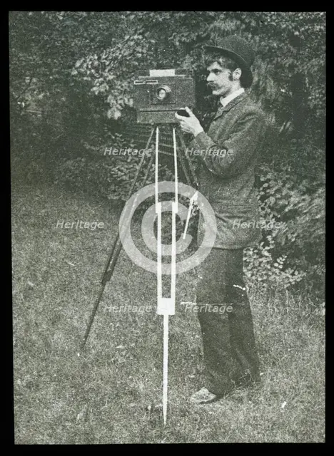 Self-Portrait with camera, tripod and pistol, 1886. Creator: Alfred Stieglitz.