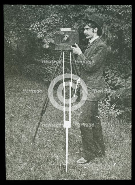 Self-Portrait with camera, tripod and pistol, 1886. Creator: Alfred Stieglitz.