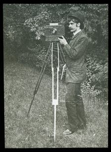 Self-Portrait with camera, tripod and pistol, 1886. Creator: Alfred Stieglitz