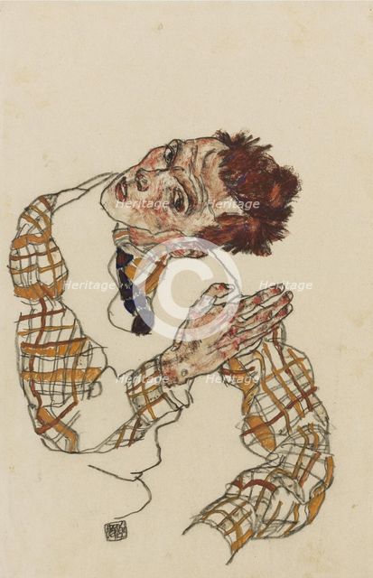 Self-portrait with checkered shirt, 1917. Artist: Schiele, Egon (1890-1918)