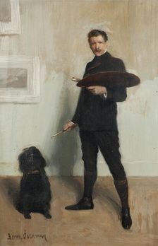 Self portrait with dog, c1910s. Creator: Gustav Bernhard Osterman