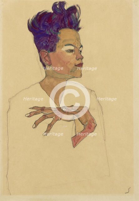 Self-Portrait with Hands on Chest, 1910. Artist: Schiele, Egon (1890–1918)