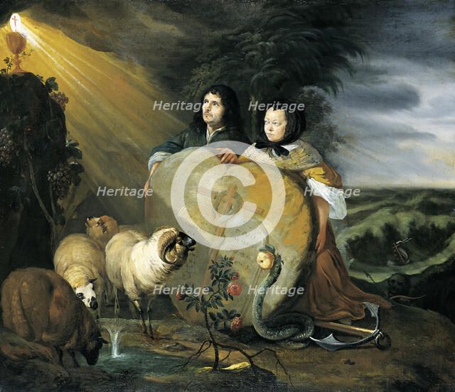 Self Portrait (?) with his Wife and Symbols of the Christian Faith, after 1680. Creator: Johann Heinrich Roos.