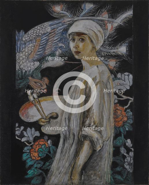 Self-Portrait with Paradise Birds (Self-Portrait in Front of Chinese Screen). Creator: Stettheimer, Florine (1871-1944).