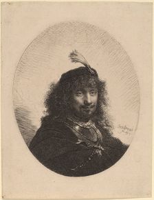 Self-Portrait (?) with Plumed Cap and Lowered Sabre, 1634. Creator: Rembrandt Harmensz van Rijn