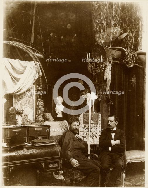 Self-Portrait with possibly Paul Gauguin in His Studio, Rue du Val-de-Grâce, Paris, neg 1899. Creator: Alphonse Mucha.