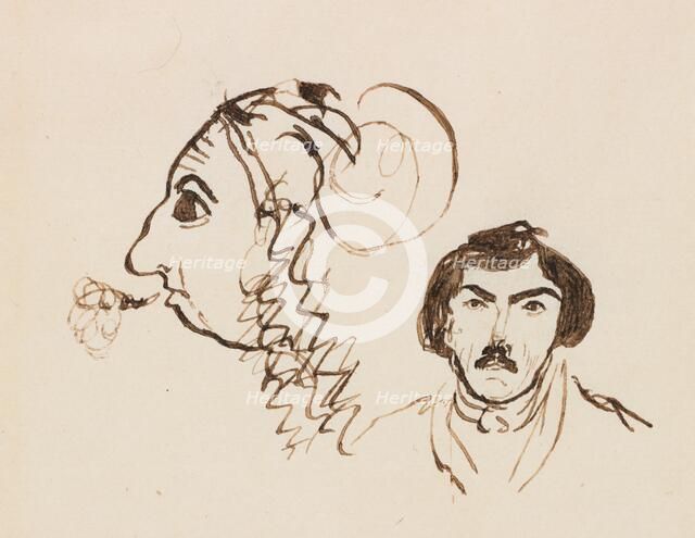 Self-Portrait with Portrait of Delacroix, c. 1845. Creator: George Sand (French, 1804-1876).