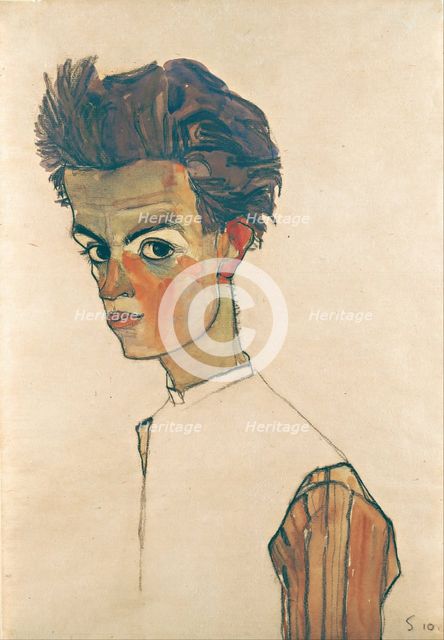 Self-Portrait with Striped Shirt, 1910. Artist: Schiele, Egon (1890–1918)