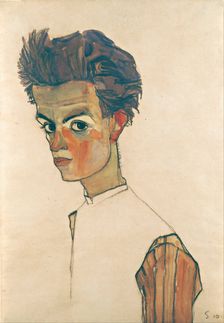 Self-Portrait with Striped Shirt, 1910. Artist: Schiele, Egon (1890–1918)