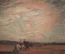 Self-portrait with the wife on horseback, 1915. Artist: Kustodiev, Boris Michaylovich (1878-1927)