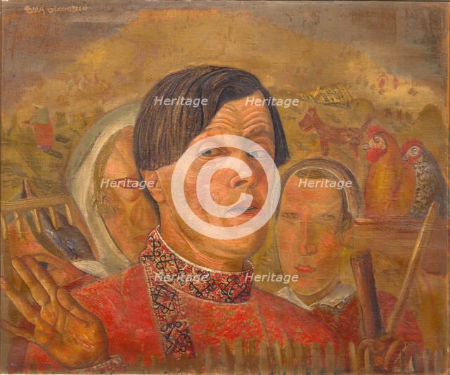 Self-portrait with  the cock and the hen, c. 1924. Artist: Grigoriev, Boris Dmitryevich (1886-1939)