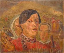 Self-portrait with the cock and the hen, c. 1924. Artist: Grigoriev, Boris Dmitryevich (1886-1939)