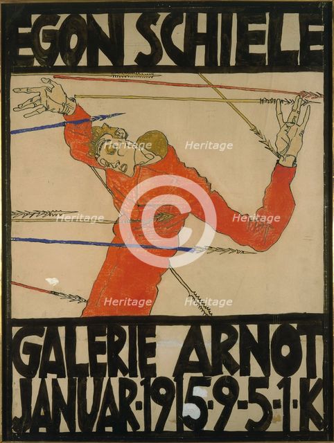 Self-portrait as Saint Sebastian. Poster for Schiele's Exhibition at the Arnot Gallery, 1915.