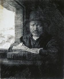 Self-Portrait Drawing by a Window 1648. Artist: Rembrandt Harmensz van Rijn