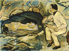 Self-Portrait, drawing with mermaid in the rock grotto, 1914. Creator: Moser, Koloman (1868-1918)