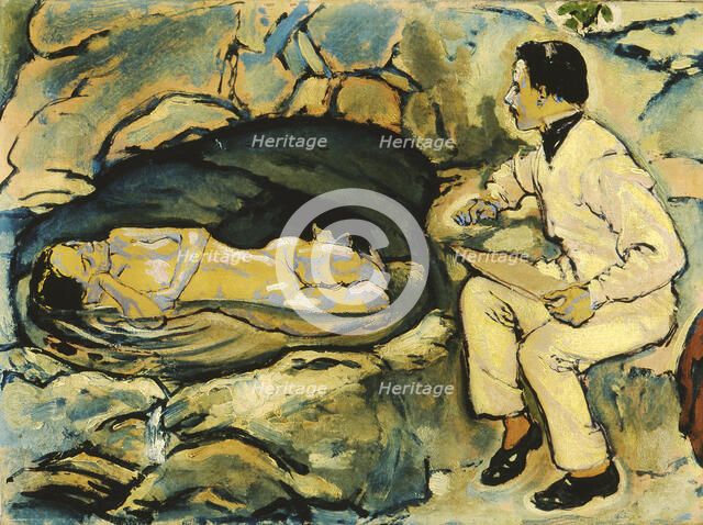Self-Portrait, drawing with mermaid in the rock grotto, 1914. Creator: Moser, Koloman (1868-1918).