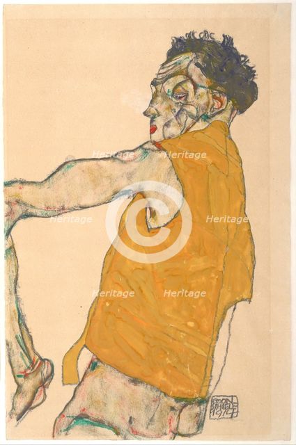 Self-Portrait in Yellow Vest, 1914. Artist: Schiele, Egon (1890–1918)