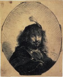 Self-Portrait in a Cap with a Plume and a Sabre 1634. Artist: Rembrandt Harmensz van Rijn