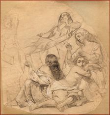 Self-portrait in a hammock surrounded by a group of women, ca 1844-1850. Creator: Courbet, Gustave (1819-1877)