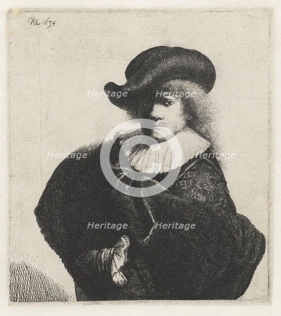 Self-portrait in a soft hat and embroidered cloak, 1634. Creator: Rembrandt van Rhijn (1606-1669).
