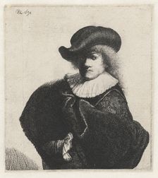 Self-portrait in a soft hat and embroidered cloak, 1634. Creator: Rembrandt van Rhijn (1606-1669)