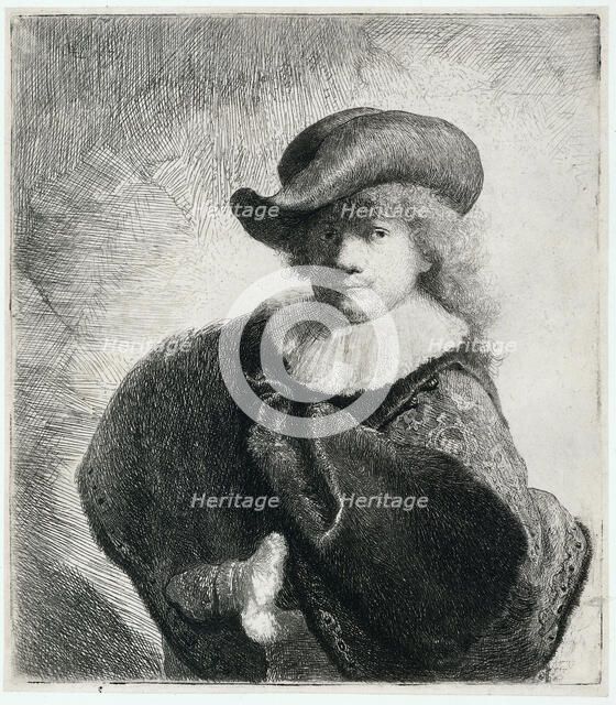 Self-portrait in a soft hat and embroidered cloak, 1631. Creator: Rembrandt van Rhijn (1606-1669).