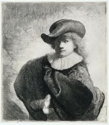 Self-portrait in a soft hat and embroidered cloak, 1631. Creator: Rembrandt van Rhijn (1606-1669)