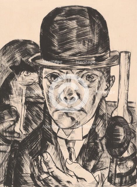 Self-Portrait in Bowler Hat (Selbstbildnis mit steifem Hut), 1921. Creator: Max Beckmann.