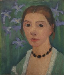 Self portrait in front of green background with blue irises, c. 1905