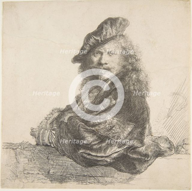 Self-Portrait, Leaning on a Stone Wall, 1639. Creator: Rembrandt Harmensz van Rijn.