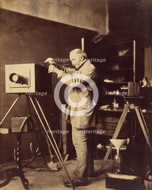 Self-portrait preparing a Collodion plate, 1856-1859. Creator: Horatio Ross.